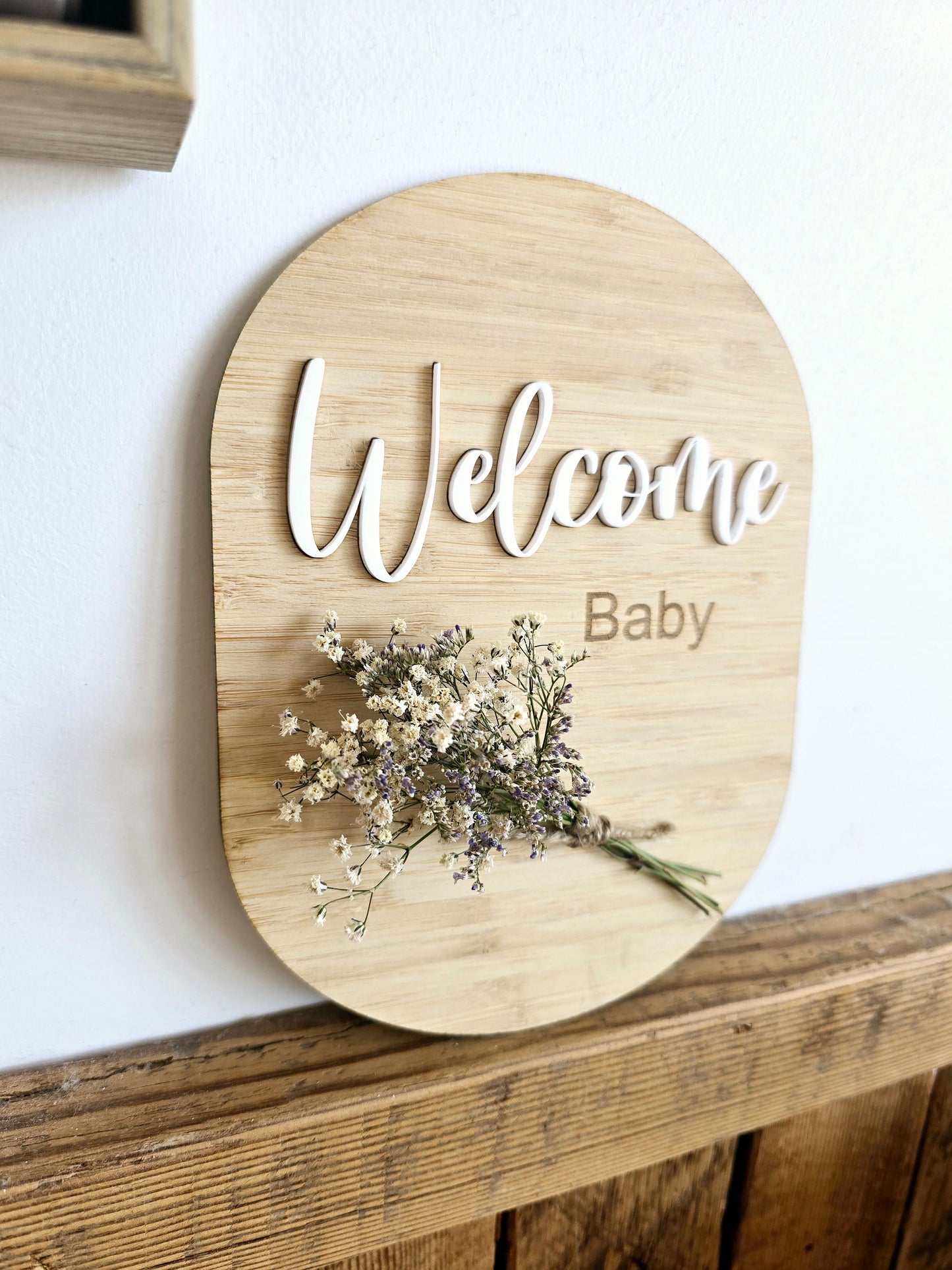 Dried Flower Timber 'Welcome Baby' Plaque 20cm