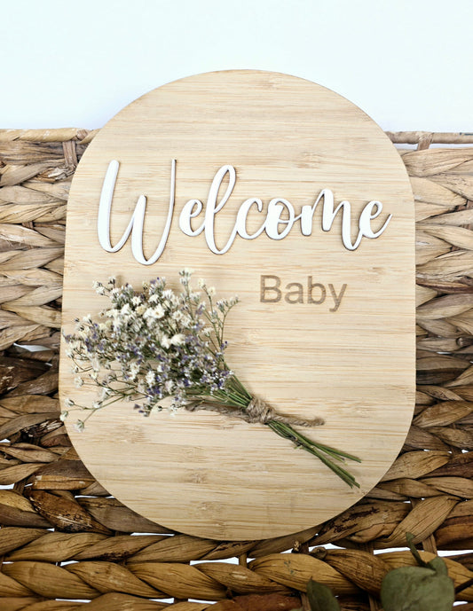 Dried Flower Timber 'Welcome Baby' Plaque 20cm