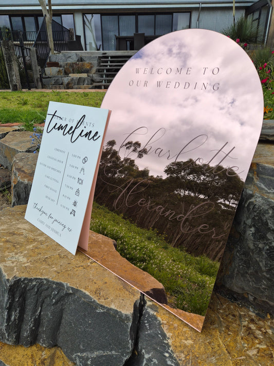 A1 Mirrored Acrylic Welcome Sign & A1 Timeline of Events
